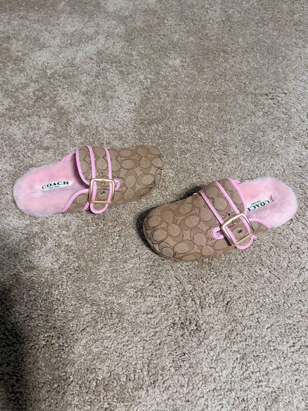 Coach Tan Monogram Mules with Pink Shearling Trim - Size 38
